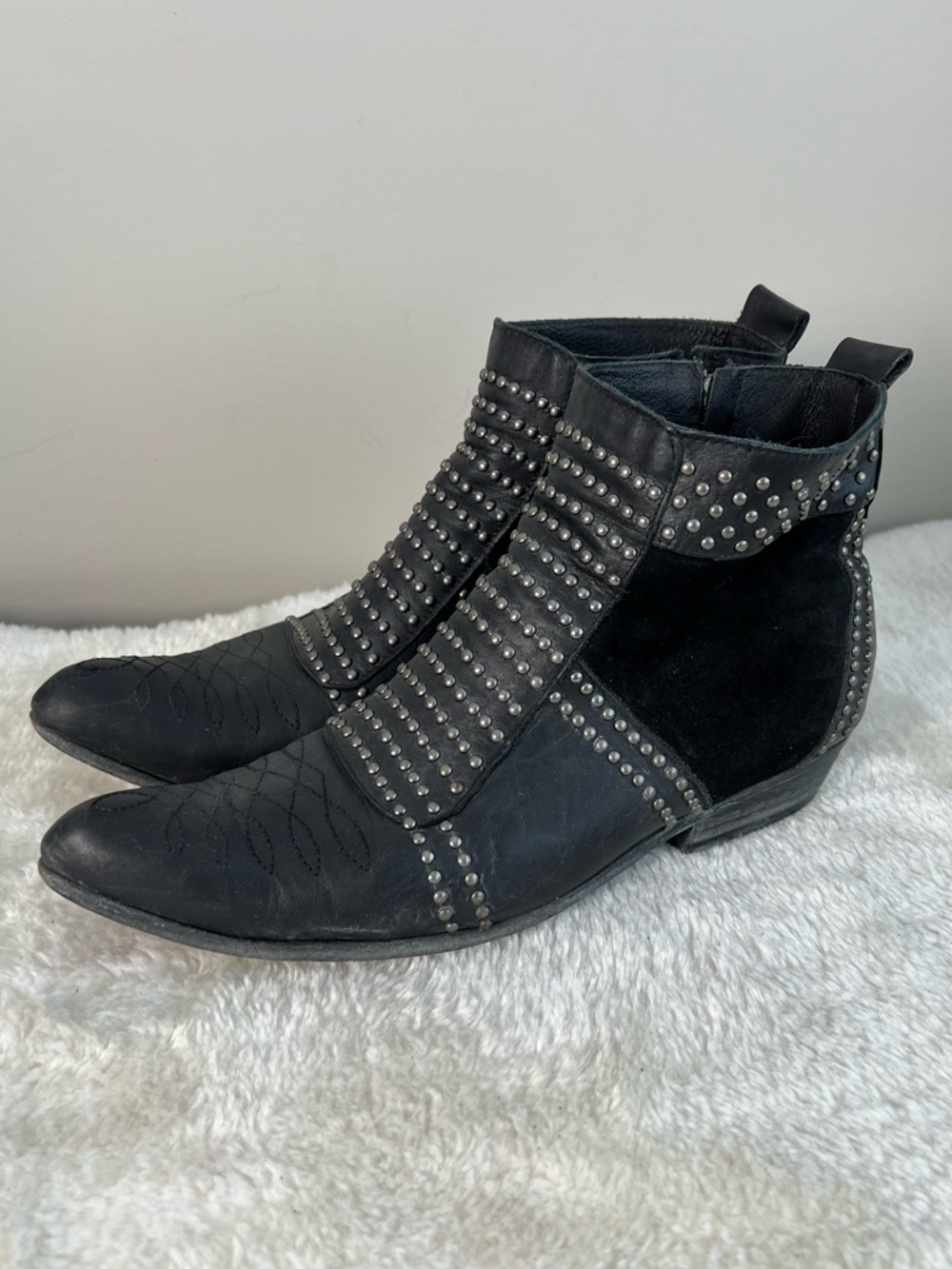 Anine Bing Charlie Black Studded Leather Suede Western Ankle Boots